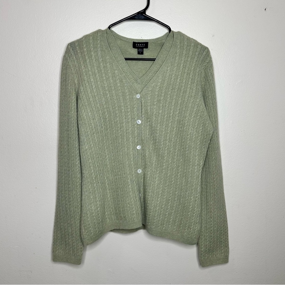 Forte Cashmere 2pc Light Green V-Neck Cable Knit Cardigan and Tank Set sz Large